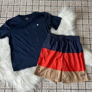 Sperry Navy Blue, Red & Tan Color Block Swim Trunks & Rash Guard Bundle M